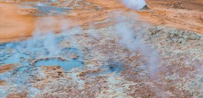 Aerial View of Steaming Geothermal Vents and Pools in Iceland's Unique Landscape photo