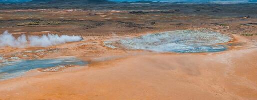 Aerial View of Geothermal Crater with Blue Water and Orange Mud in Iceland photo