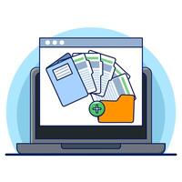 Document and media content concept. Monitor display with yellow folders, file search and indexing. File manager, data storage, work document archive, flat illustration on background. vector