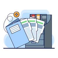 Document and media content concept. Monitor display with yellow folders, file search and indexing. File manager, data storage, work document archive, flat illustration on background. vector
