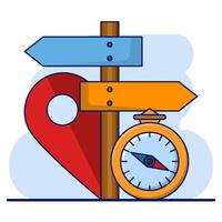 Concept of Compass and Map Pin Signs as symbols for pointing directions in Cartoon Illustration Style. marker, place you want to go, reading directions with map, Travel Element Design Concept. vector
