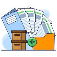 Document and media content concept. Monitor display with yellow folders, file search and indexing. File manager, data storage, work document archive, flat illustration on background. vector