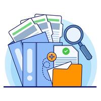 Document and media content concept. Monitor display with yellow folders, file search and indexing. File manager, data storage, work document archive, flat illustration on background. vector