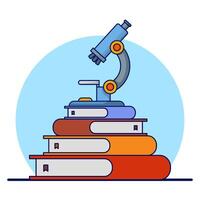 science concept, microscope with book. read a book. A microscope and a stack of books nearby. School education in science. education element, isolated illustration. cartoon illustration. vector