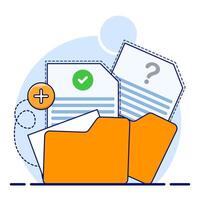Document and media content concept. Monitor display with yellow folders, file search and indexing. File manager, data storage, work document archive, flat illustration on background. vector