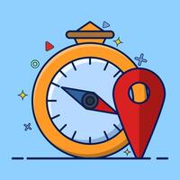 Concept of Compass and Map Pin Signs as symbols for pointing directions in Cartoon Illustration Style. marker, place you want to go, reading directions with map, Travel Element Design Concept. vector