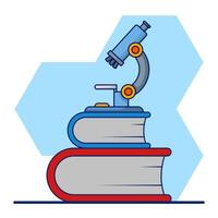 science concept, microscope with book. read a book. A microscope and a stack of books nearby. School education in science. education element, isolated illustration. cartoon illustration. vector