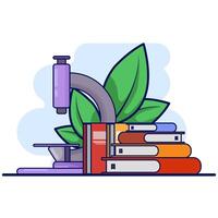 science concept, microscope with book. read a book. A microscope and a stack of books nearby. School education in science. education element, isolated illustration. cartoon illustration. vector