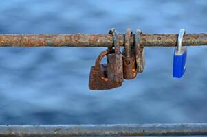 a rusty metal fence with padlocks attached to it photo