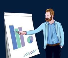 Professional in executive suit presenting business data on whiteboard with statistics graphs vector