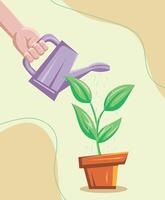 Illustration of Hand Watering Potted Plant on Soft Toned Background vector
