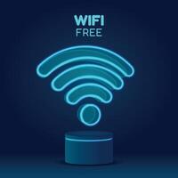 free wifi sign illuminated with neon light floating on platform and dark blue background vector