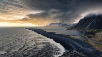 Dramatic Black Sand Beach and Rocky Coastline Under Stormy Icelandic Sky photo