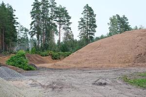 Two piles of dirt, gravel, and rocks, resting side-by-side on a dirt path in a sunny forest photo