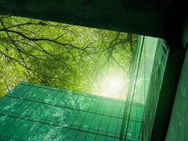 Eco-friendly building in the modern city. Sustainable glass office building with trees for reducing heat and carbon dioxide. Office building with green environment. Corporate building reduce CO2. photo