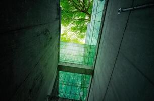 Eco-friendly building in modern city. Sustainable glass office building with trees for reducing carbon dioxide. Office building with green environment. Corporate building reduce CO2. Net zero emission photo