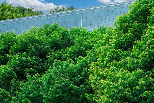 Eco-friendly building in modern city. Sustainable glass office building with trees for reducing carbon dioxide. Office building with green environment. Corporate building reduce CO2. Net zero emission photo