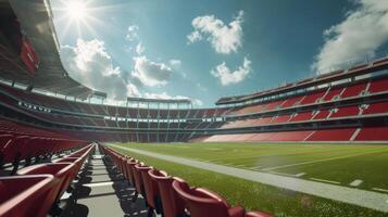 Empty soccer stadium with rows of blue seats and a green field. Ideal for sports backgrounds photo