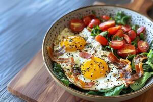 A close-up photo of a breakfast bowl filled with scrambled eggs, crispy bacon, sliced tomatoes, and fresh spinach