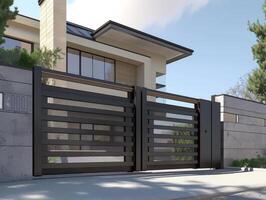 A gray private house of two floors hidden behind a fence with automatic sliding brown gates photo