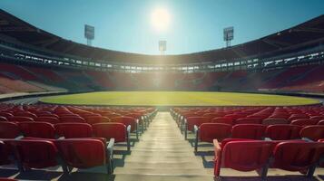 Empty soccer stadium with rows of blue seats and a green field. Ideal for sports backgrounds photo