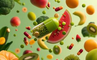 Floating capsule with vitamins and colorful fruits and vegetables photo