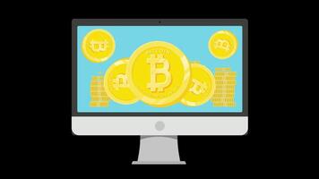 Bitcoin on Monitor Animation Computer screen with bitcoin coins video