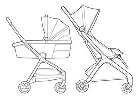 Illustration of baby stroller isolated on white background. illustration of a sketch style. vector
