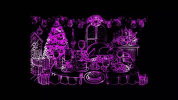 Glowing looping Christmas Day Christmas dinner table with a feast. neon frame effect, black background. video