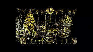 Glowing looping Christmas Day Christmas dinner table with a feast. neon frame effect, black background. video