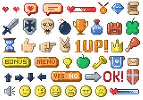 Pixel game ui icons. Retro game interface buttons and elements, 8 bit app menu design template. isolated collection. vector