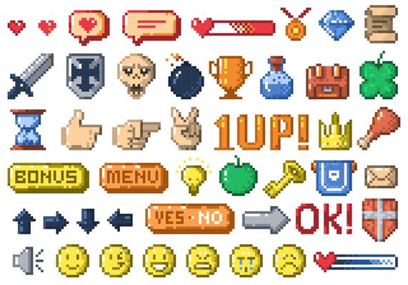 Pixel game ui icons. Retro game interface buttons and elements, 8 bit app menu design template. isolated collection.
