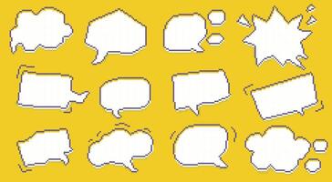 Pixel speech bubbles. Retro comic chat messages speech bubble frame elements, bit game dialog bubble sticker with text. speech bubbles isolated set vector