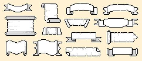 Pixel scroll frame. Retro game asset scroll frames, blank ancient parchment paper for map and text, sprite design. 8 bit banner pixel scroll frame isolated collection vector