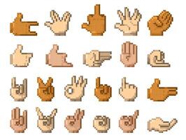 Retro 8 bit hands. Old school pixel human palms with fingers, 8 bit game sprite asset. retro thumbs up and down gestures isolated set. vector