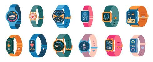 Smart watch. Cartoon fitness tracker with heart rate monitor step counter, electronic wristband with health application. isolated set. vector