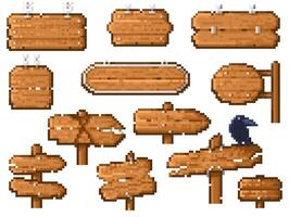 Pixel wooden pointer. Retro game 8 bit frame with plank board sign, vintage app developer tool, old school direction signal. collection. vector