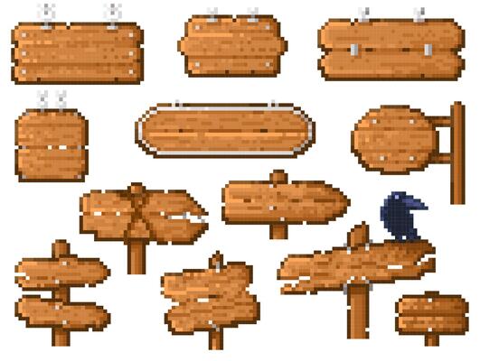 Pixel wooden pointer. Retro game 8 bit frame with plank board sign, vintage app developer tool, old school direction signal. collection.