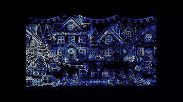 Glowing looping Christmas Day outdoor Christmas lights display. neon frame effect, black background. video