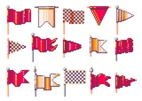 Pixel flags. Retro 8 bit checkered red triangle and rectangular flag icons, vintage game asset, marker and wavy banner button web design element. pixel flags and pennants isolated set vector