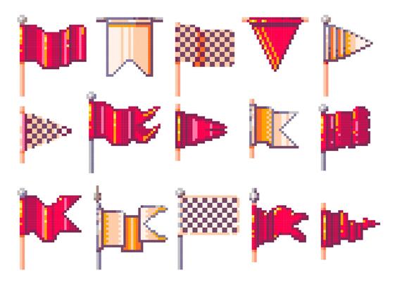 Pixel flags. Retro 8 bit checkered red triangle and rectangular flag icons, vintage game asset, marker and wavy banner button web design element. pixel flags and pennants isolated set