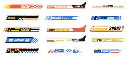 Racing stripes. Checkered flag stripe and racing tape borders for car, fast vehicle performance modification elements. racing stripes isolated set vector