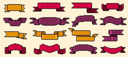 Pixel ribbons. Retro 8 bit ribbons vintage game asset, blank banner flag frame and label for game design. isolated set colorful pixel ribbons vector