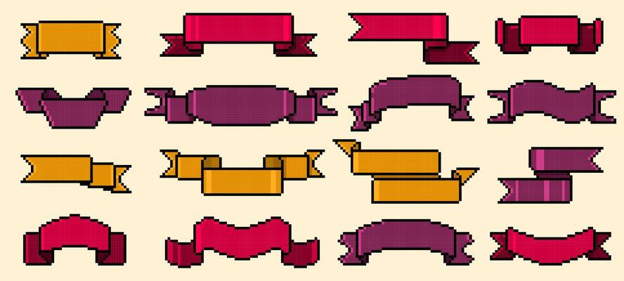 Pixel ribbons. Retro 8 bit ribbons vintage game asset, blank banner flag frame and label for game design. isolated set colorful pixel ribbons