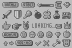Pixel 8 bit black symbols. Emoticons, cursor, arrow, sound, text bobbles, health scale, game menu, UI interface icons. isolated set. vector