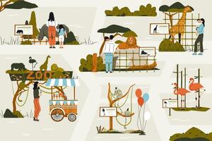 Zoo scene with visitors. Cartoon zoo park with safari animals and people, wildlife nature with animals and visitors. illustration. vector