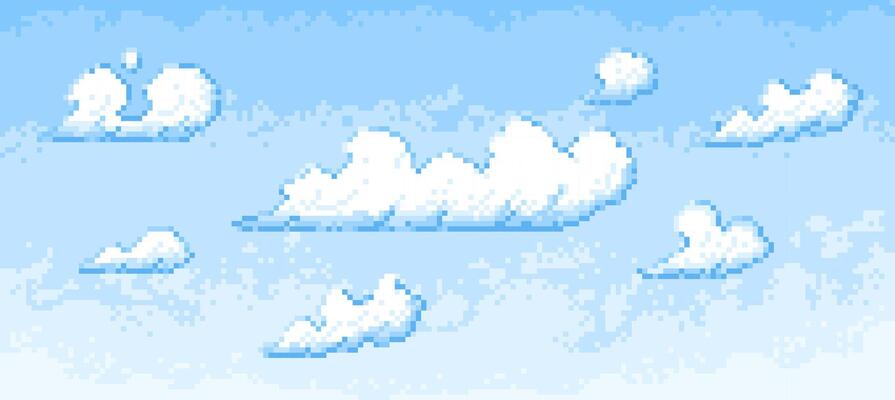 Pixel blue sky background. Cartoon nature cloudy sky with white fluffy clouds, summer day landscape with sunlight. texture.