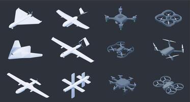 Isometric unmanned aerial vehicles. Military drone and spy plane unmanned with camera, aeroplane with autopilot and laser guided missile. isometric aerial vehicles set vector