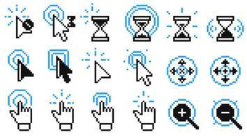 Pixel click icons. arrow clicks icon mouse pointer hand touch finger tap target cursor flat style, web computer mouse cursor click buttons. pixel click icons isolated set vector