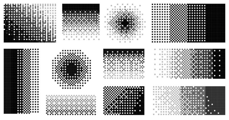 Pixel decay gradient. Abstract geometric dissolve effect with geometric shapes, moving squares and dots. particle explosion and fragmentation.